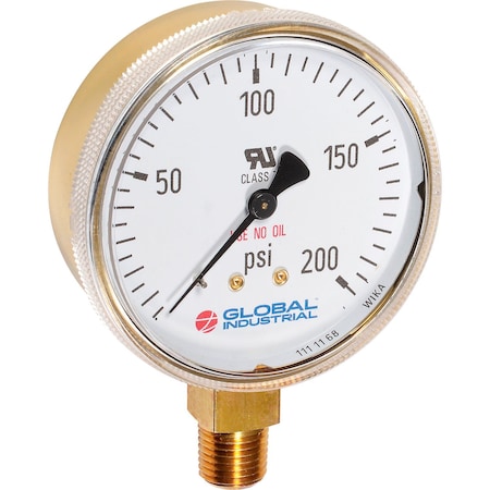 2-1/2 Compressed Gas Gauge, 30 PSI, 1/4 NPT LM, Polished Brass/Red Scale